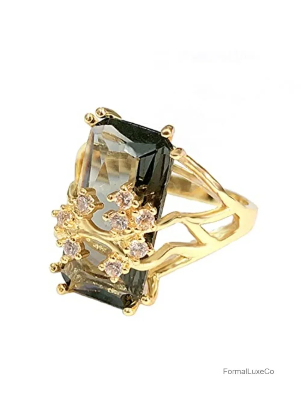 Luxury Champagne Crystal Flower Cocktail Engagement Ring 14k Gold Plated